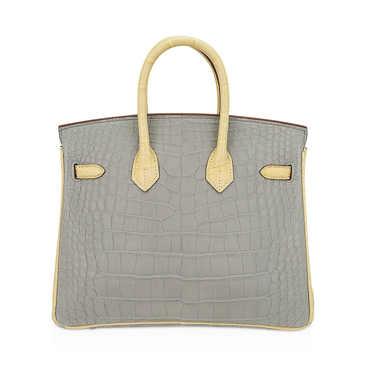 Pearly Grey And Pale Vanilla Two-Tone Structured Top Handle Tote With Embossed Scale Texture And Blush Metallic Twist Hardware Pendant Set