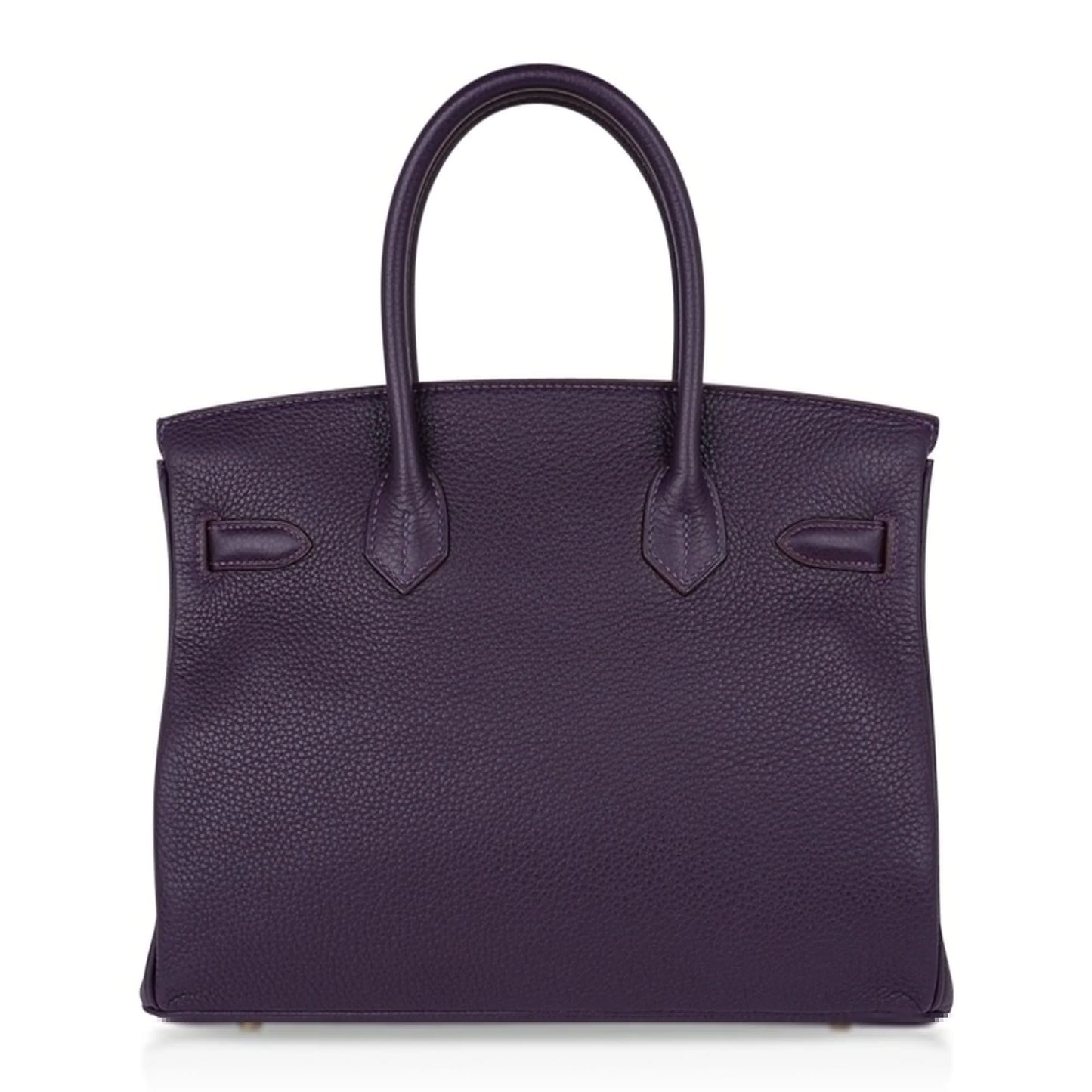 Deep Raisin Purple Medium Structured Top Handle Tote With Full Pebbled Grain Surface, Polished Golden Twist Hardware And Matching Lock Tassel Pendant Set