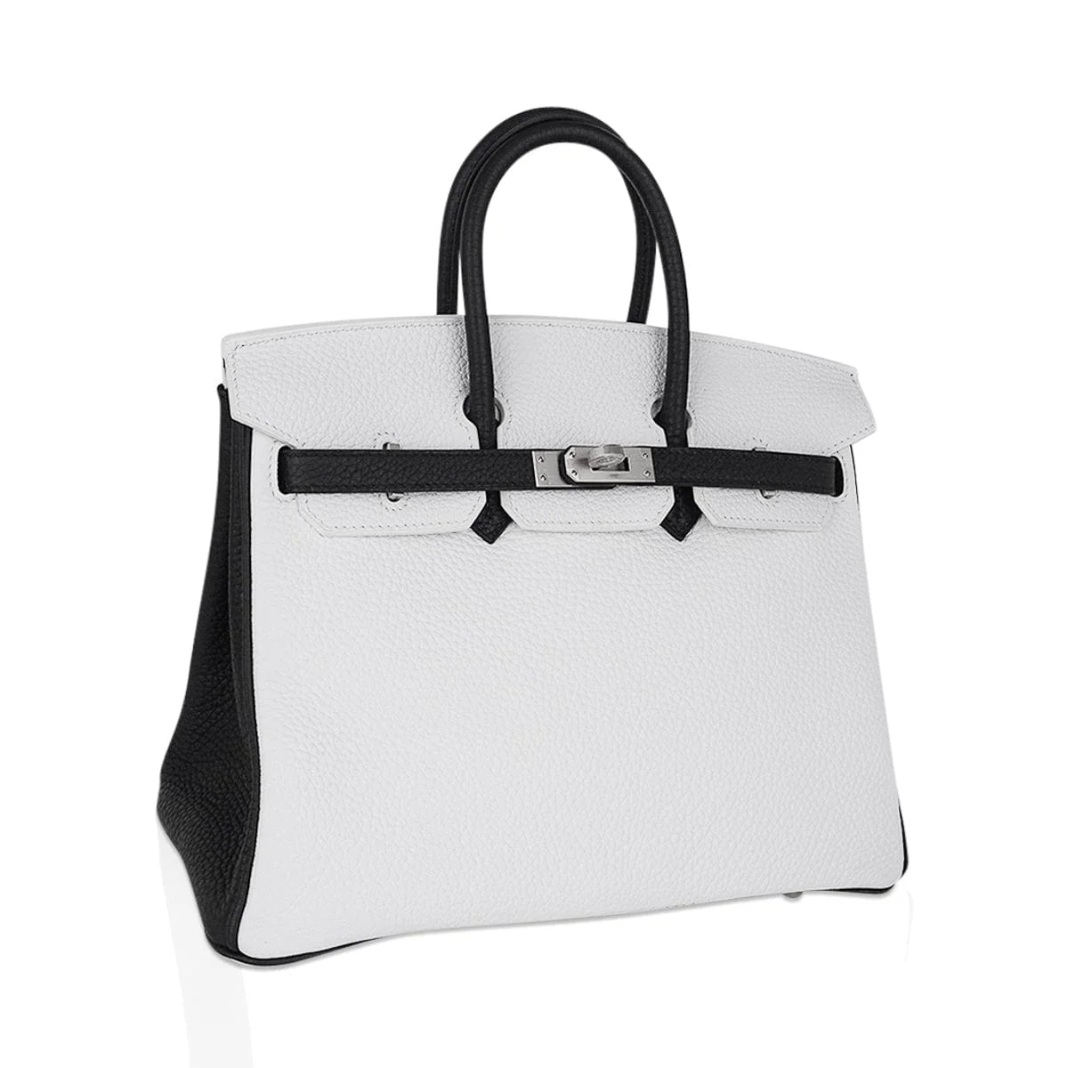 Two-Tone White And Black Structured Top Handle Tote With Brushed Silvery Twist Hardware And Matching Lock Key Pendant Set