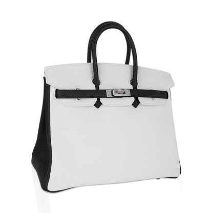 Two-Tone White And Black Structured Top Handle Tote With Brushed Silvery Twist Hardware And Matching Lock Key Pendant Set