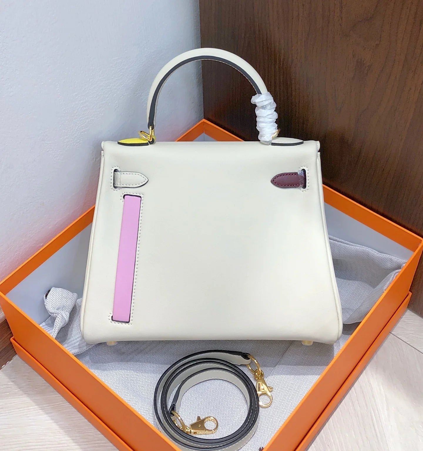 Cream Off-White Multi-Tone Color Block Compact Top Handle Bag With Golden Twist Hardware, Front Zip Compartment And Matching Slim Shoulder Strap