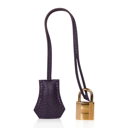 Deep Raisin Purple Medium Structured Top Handle Tote With Full Pebbled Grain Surface, Polished Golden Twist Hardware And Matching Lock Tassel Pendant Set