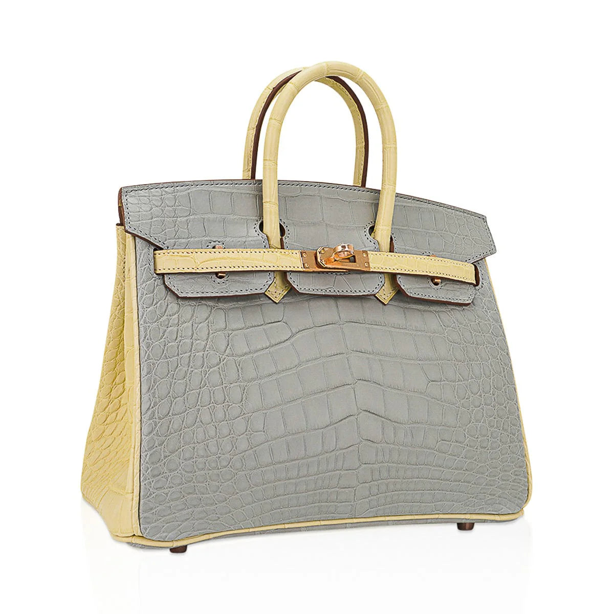 Pearly Grey And Pale Vanilla Two-Tone Structured Top Handle Tote With Embossed Scale Texture And Blush Metallic Twist Hardware Pendant Set