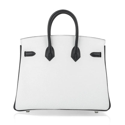 Two-Tone White And Black Structured Top Handle Tote With Brushed Silvery Twist Hardware And Matching Lock Key Pendant Set