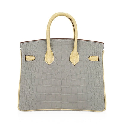 Pearly Grey And Pale Vanilla Two-Tone Structured Top Handle Tote With Embossed Scale Texture And Blush Metallic Twist Hardware Pendant Set