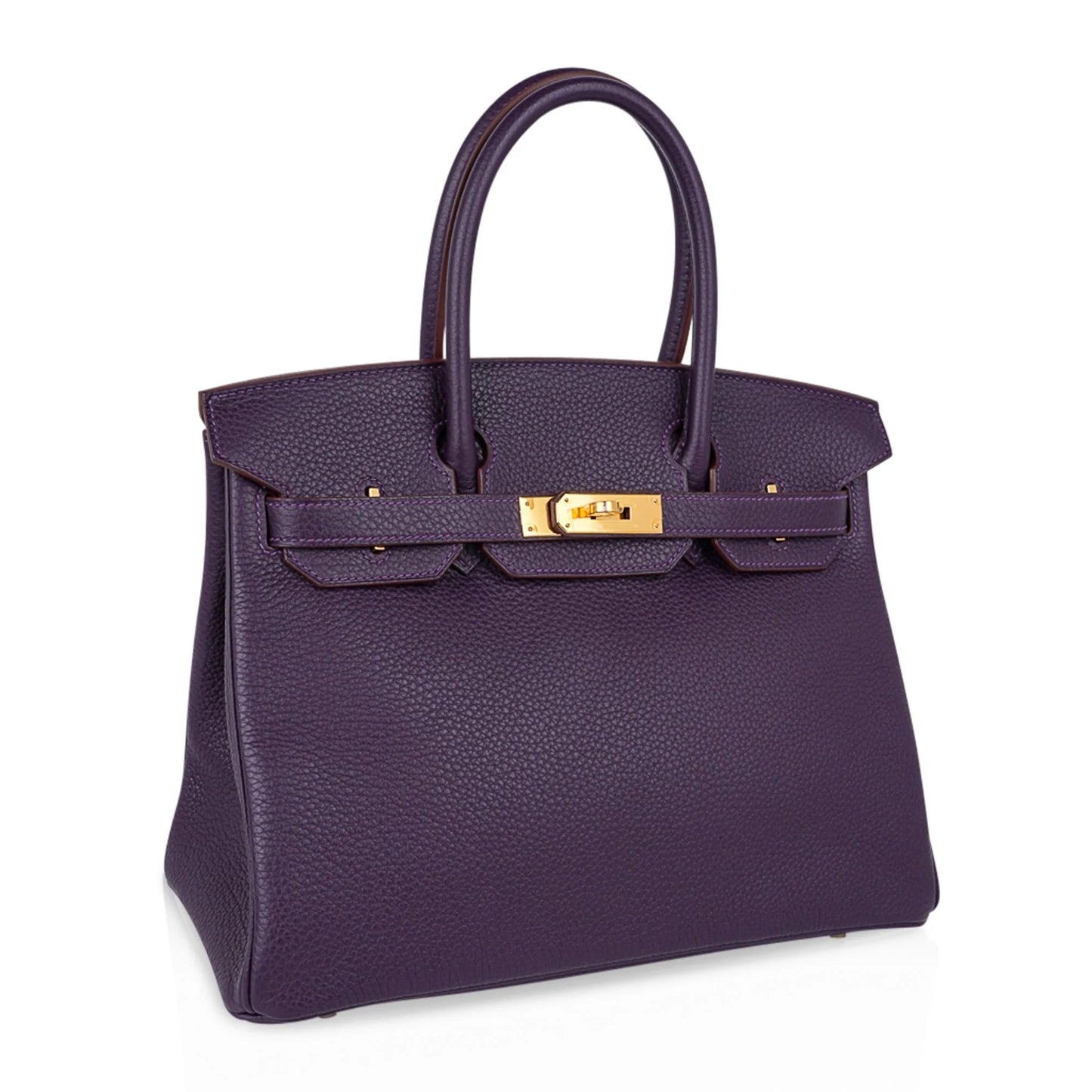 Deep Raisin Purple Medium Structured Top Handle Tote With Full Pebbled Grain Surface, Polished Golden Twist Hardware And Matching Lock Tassel Pendant Set
