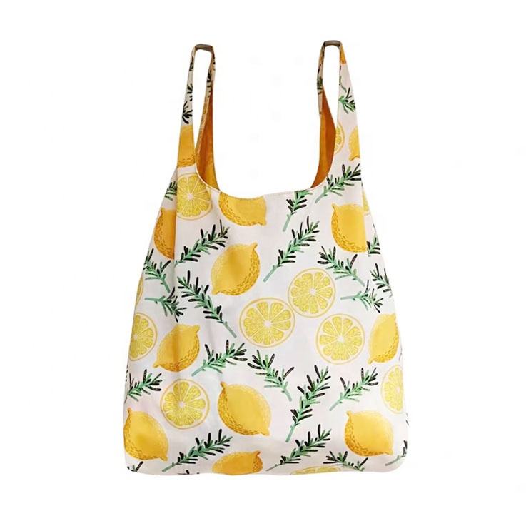 White Base Lemon Print Tote Bag with Golden Lining & Dual Wide Handles for Spring Summer Daily Shopping Matching