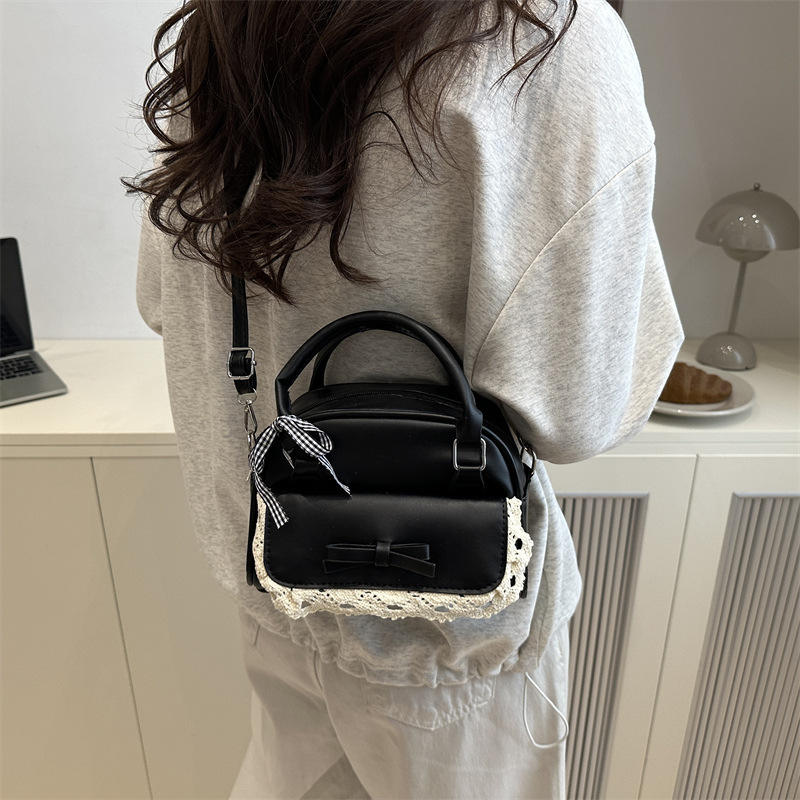 Mini Boston Bag with Lace Trim & Dual Bow Ornaments for Sweet Korean Summer Daily Matching