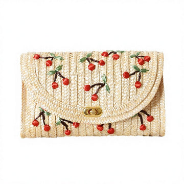 Woven Clutch Bag with Handmade Cherry Embroidery & Golden Twist Lock Hardware for Summer Vacation Daily Matching