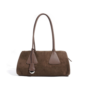 Dark Coffee Suede Shoulder Bag with Triangle Trim for Fall Daily Wear