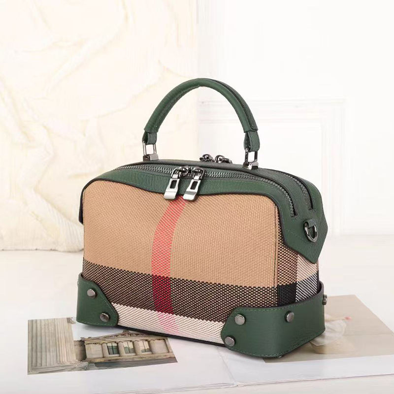 Two-Tone Trim Plaid Mini Boston Bag with Metal Rivet Hardware for Daily Matching