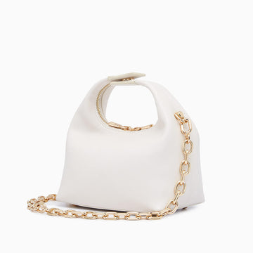 Chunky Gold Metal Chain Crossbody Bag, Cream Ruched Mini Hobo Style for Minimalist Daily Outfits
