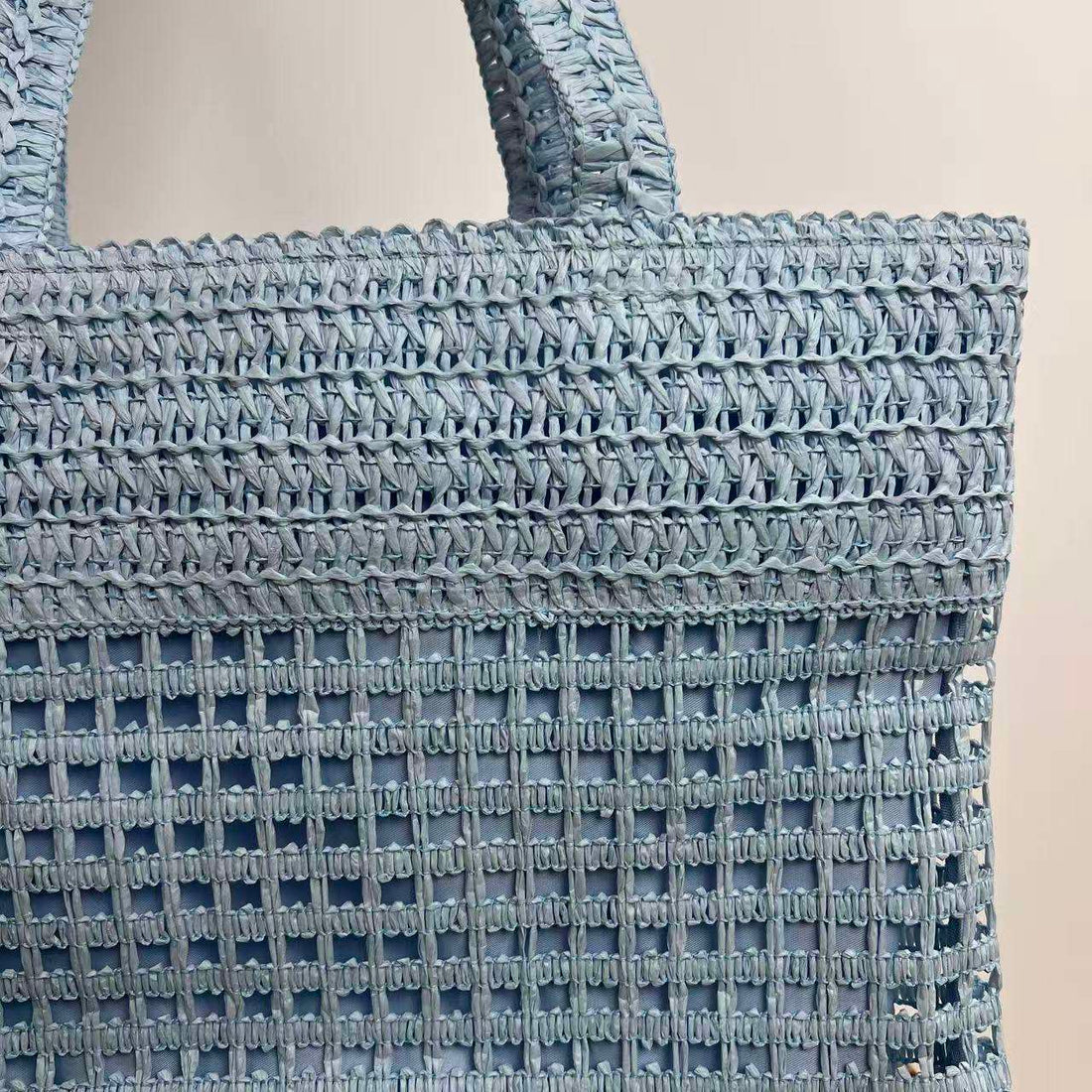 Pastel Light Blue Hollow Woven Tote Bag with Double Long Straps for Summer Beach & Grocery Daily Matching