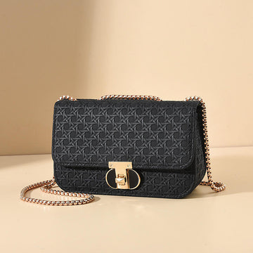 Plain Black Textured Flap Shoulder Bag with Decorative Gold Clasp & Extendable Chain Strap for Office & Leisure Outfits