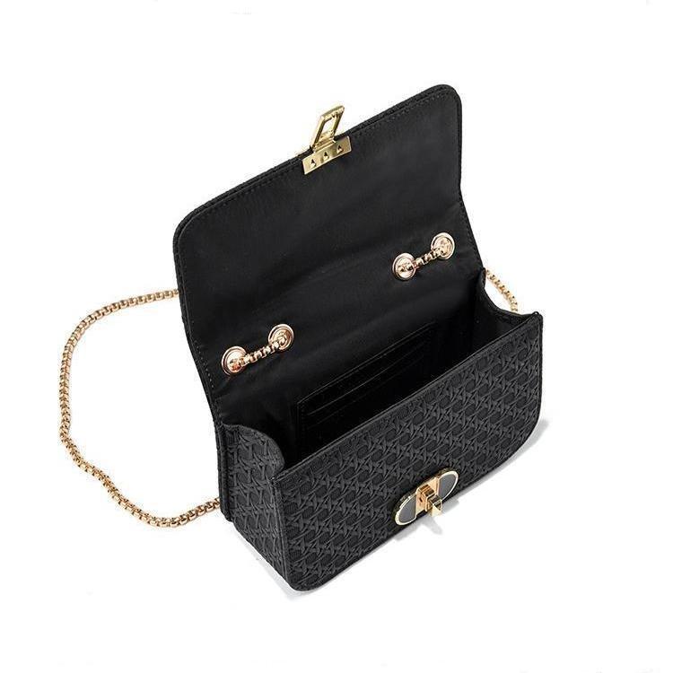 Plain Black Textured Flap Shoulder Bag with Decorative Gold Clasp & Extendable Chain Strap for Office & Leisure Outfits