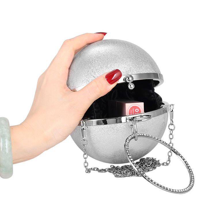 Shiny Silver Sphere Clutch Bag with Rhinestone Ring Handle & Detachable Metal Chain for Glam Party & Night Out Styling