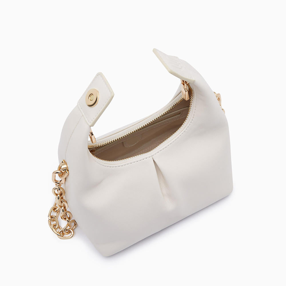 Chunky Gold Metal Chain Crossbody Bag, Cream Ruched Mini Hobo Style for Minimalist Daily Outfits