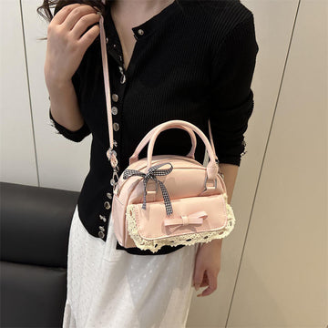 Mini Boston Bag with Lace Trim & Dual Bow Ornaments for Sweet Korean Summer Daily Matching
