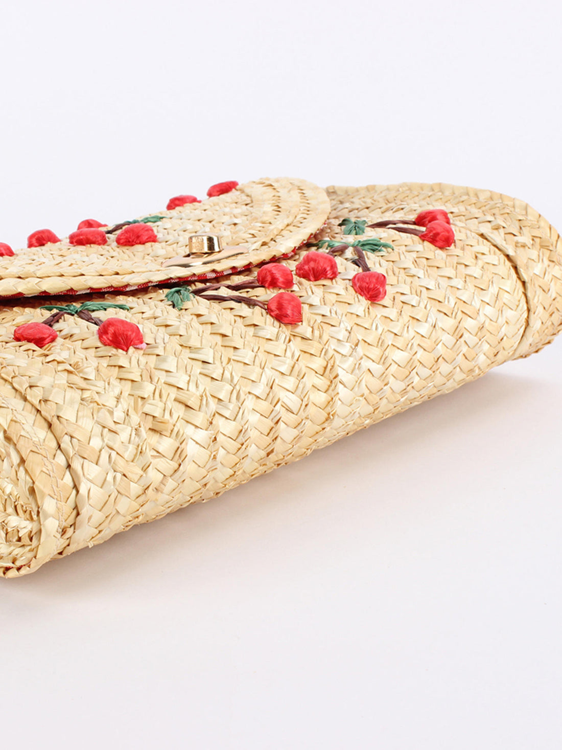 Woven Clutch Bag with Handmade Cherry Embroidery & Golden Twist Lock Hardware for Summer Vacation Daily Matching