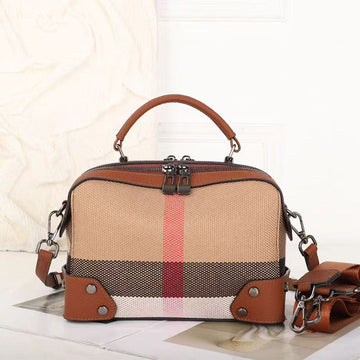 Two-Tone Trim Plaid Mini Boston Bag with Metal Rivet Hardware for Daily Matching