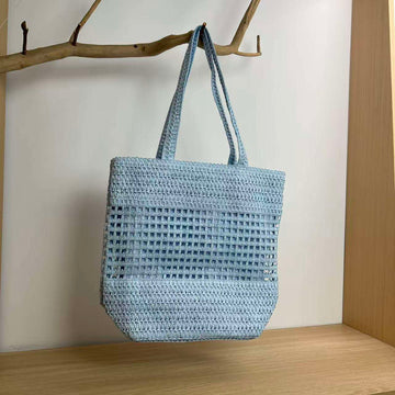 Pastel Light Blue Hollow Woven Tote Bag with Double Long Straps for Summer Beach & Grocery Daily Matching