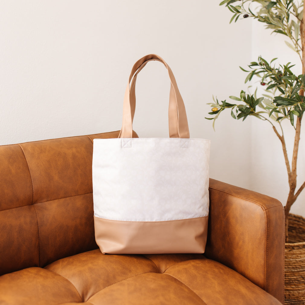 Warm Beige Botanical Print Tote Bag with Leather Base & Dual Handles for Casual Daily Weekend Outfits