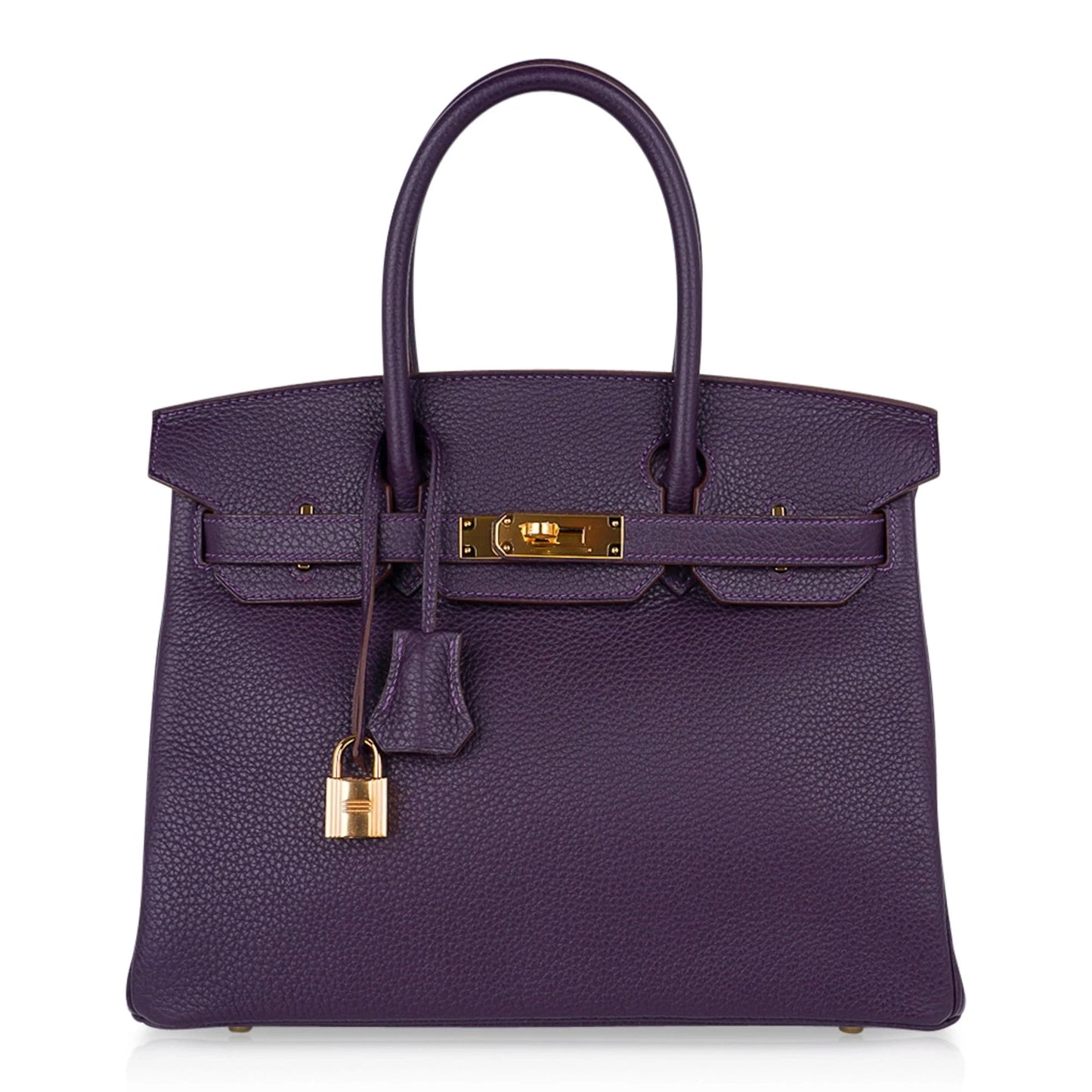 Deep Raisin Purple Medium Structured Top Handle Tote With Full Pebbled Grain Surface, Polished Golden Twist Hardware And Matching Lock Tassel Pendant Set