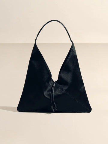 Solid Black Origami Slouchy Bag with Curved Top Handle & Tassel Charm for Evening Daily Outfits
