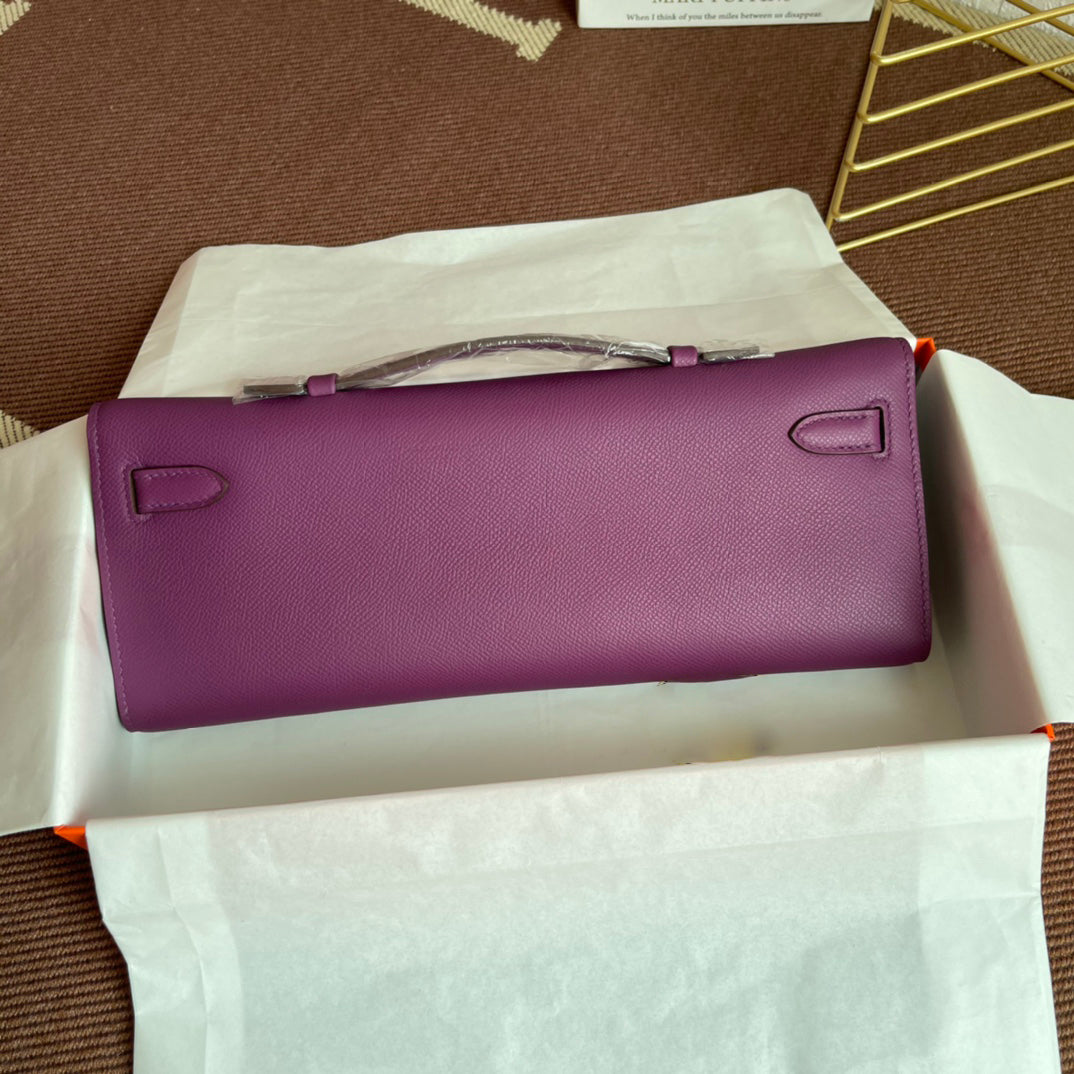 Vibrant Anemone Purple Slim Elongated Evening Clutch With Fine Pebbled Grain Surface And Polished Golden Twist Lock Hardware