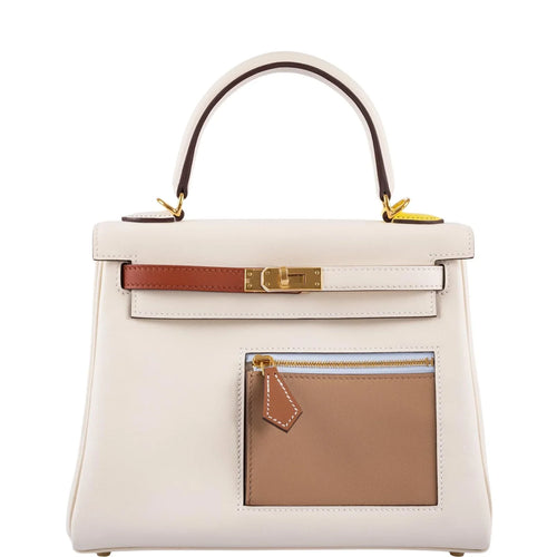 Cream Off-White Multi-Tone Color Block Compact Top Handle Bag With Golden Twist Hardware, Front Zip Compartment And Matching Slim Shoulder Strap