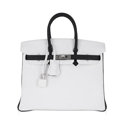 Two-Tone White And Black Structured Top Handle Tote With Brushed Silvery Twist Hardware And Matching Lock Key Pendant Set