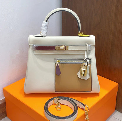 Cream Off-White Multi-Tone Color Block Compact Top Handle Bag With Golden Twist Hardware, Front Zip Compartment And Matching Slim Shoulder Strap